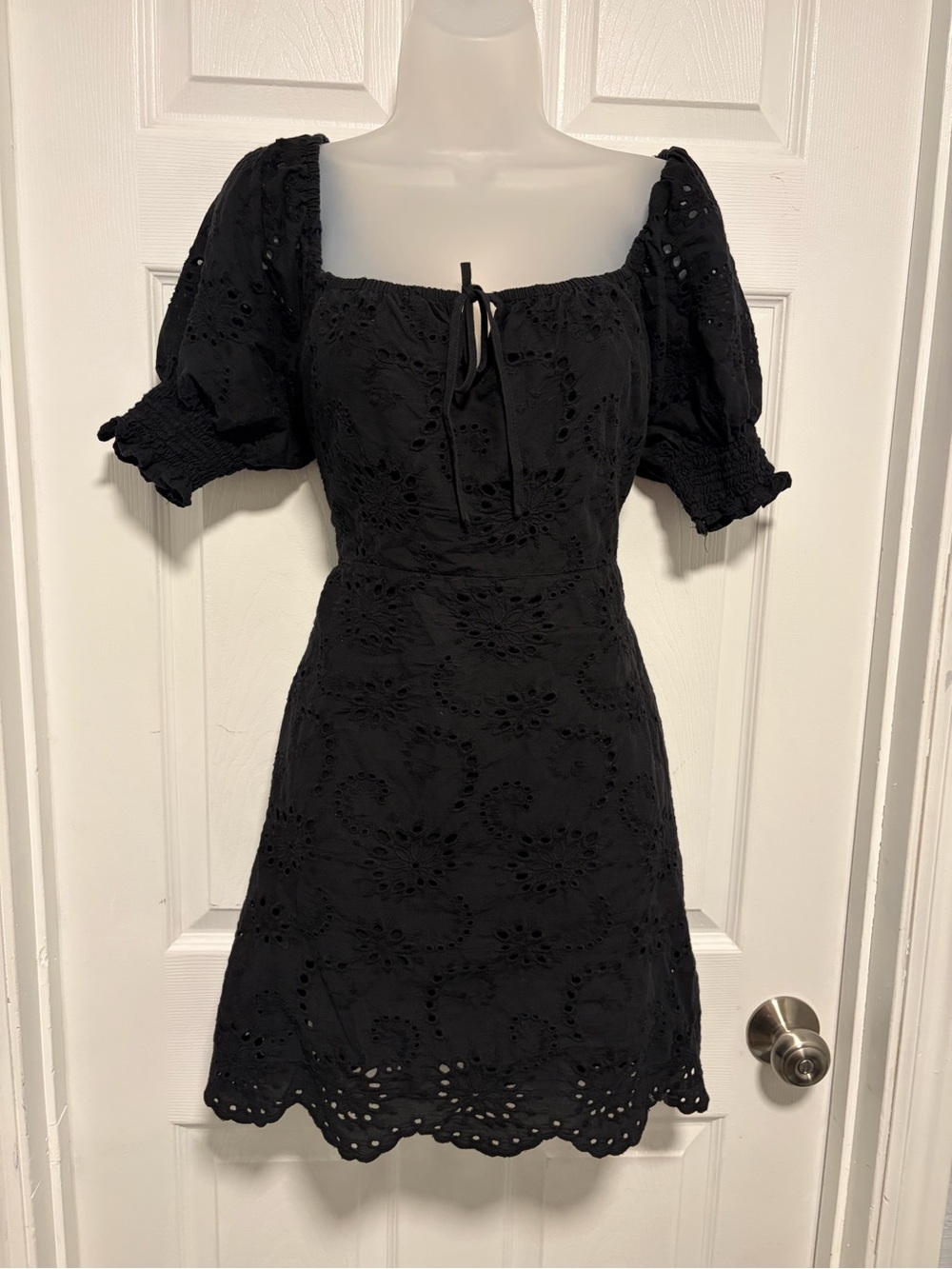 7 For All Mankind Black Eyelet Puff-Sleeve Mini Dress